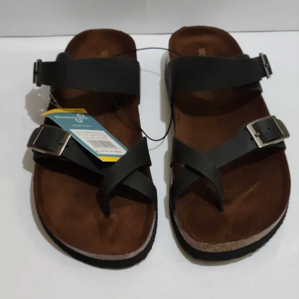 Mountain Sole Women's Leather Footbed Sandals‎ Black Adjustable Buckle
